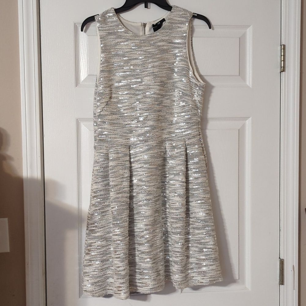 H&M Silver Sequin Sleeveless Fit & Flare Dress Metallic Party Size 12 NWT